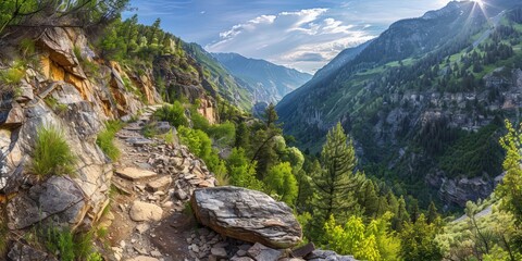 A scenic and challenging trail through mountainous terrain, with rocky paths, steep climbs, and forest views