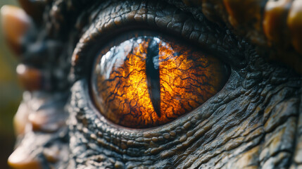 Zbliżenie na oko dinozaura drapieżnego, które zachwyca szczegółami i głębią koloru. 