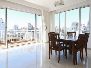 Spacious living room with dining table
