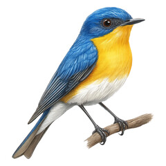 Fototapeta premium Blue and yellow birds perched on a branch on a white background.