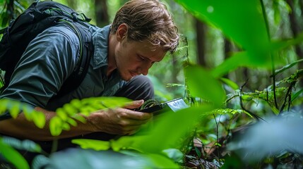 Biologist discovering a new species in the rainforest, moment of environmental significance