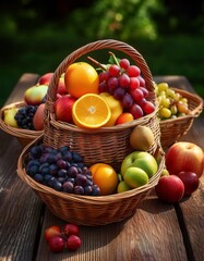Rustic fruit baskets with depth of field featuring assorted fresh fruits and natural textures