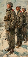 Three soldiers in winter gear standing in the snow