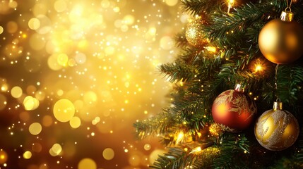 Obraz premium Holiday Christmas tree with ornaments, garland and balls on golden background with bokeh lights. Merry Christmas and a happy New Year greeting card. with generative ai