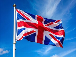 The Union Jack flag bursts with the iconic colors of the United Kingdom, standing proudly against a bright