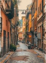 Fototapeta premium Narrow Street in Italy with Cobblestone and Building Facades