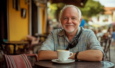 Smiling man with a beard enjoys coffee outside.