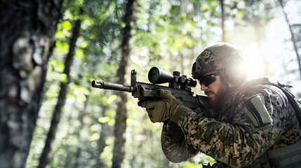 Fototapeta premium a sniper in full camouflage gear, aiming through a scoped rifle in a dense forest setting