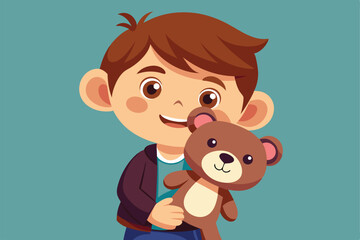 A young boy embraces his teddy bear, radiating joy and innocence in a vibrant, colorful environment, cute boy with teddy bear
