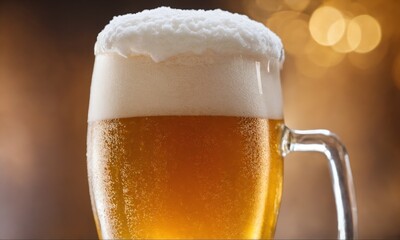 Close-up of a glass of beer with a thick head of foam