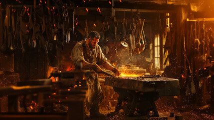 Sparks Fly as Blacksmith Uses Hammer on Iron in His Workshop