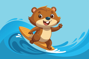 A cute cartoon beaver is jumping on a wave while surfing and having fun under a clear blue sky, Cute cartoon beaver jumping on the wave.