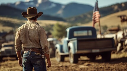 Rodeo cowboy in full gear preparing to enter the arena, with a classic vintage truck and equipment in the background, evoking nostalgia for traditional rodeo culture