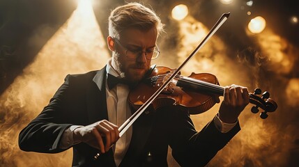 Fototapeta premium Musician playing violin on grand stage, dramatic lighting, excellence in arts, passion, dedication.