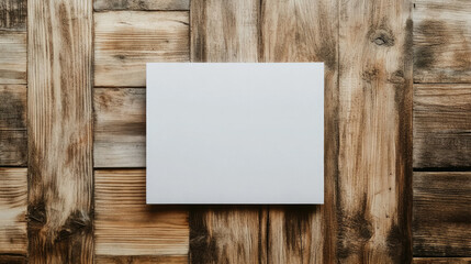 Blank square on wooden background for promotional message creation or customizable content design in artistic workspace setting