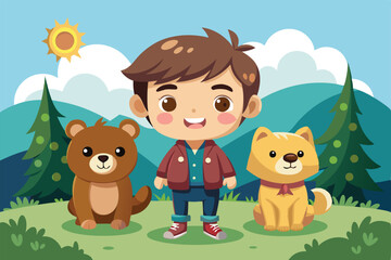 A cheerful cartoon boy stands with a dog and a bear under the sun in a vibrant forest setting, Cute cartoon boy with dog and bear