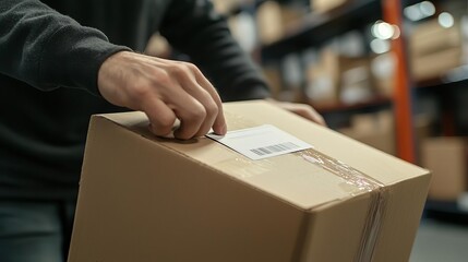Person handling cardboard box in a storage warehouse, focused on label management.