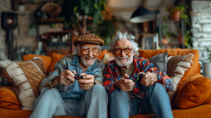 Old man and friends enjoying video games at home, filled with happiness
