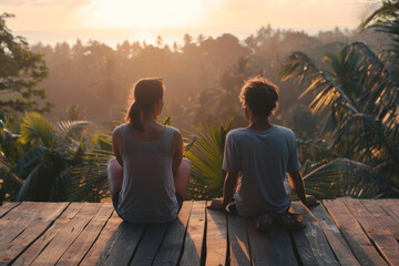 Relaxing at a tropical detox retreat while enjoying a beautiful sunset in a serene outdoor setting with lush greenery