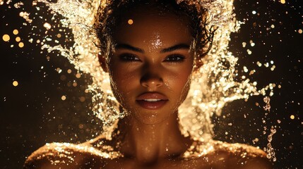 Obraz premium Radiant Young Woman with Medium Brown Skin Enjoying Water Splashes in High-Contrast Lighting