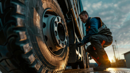 Inspecting truck tires before embarking on a long road trip during sunrise, ensuring safety and reliability for the journey ahead