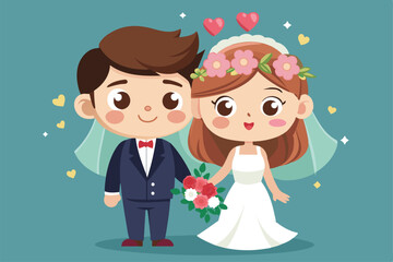 A cheerful cartoon couple shares a joyful moment, celebrating their love on their wedding day, Cute cartoon couple of bride and groom in love.