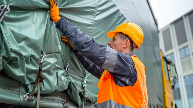 Worker secures tarps over a freight load at a logistics facility during daylight hours