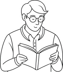 Young man reading book line art vector illustration on black and white. 