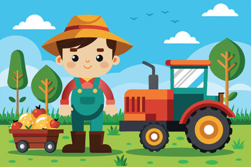 A happy farmer with a tractor gathers fruits and vegetables in a lush countryside setting, Cute cartoon farmer with tractor. Vector illustration of a farmer.