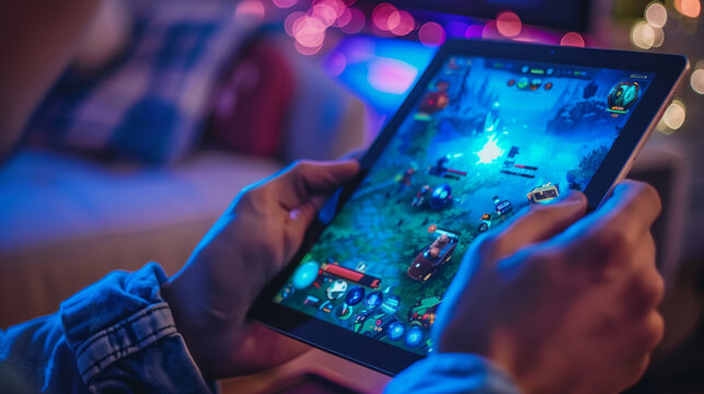 A person enjoys playing mobile games on a tablet during the evening surrounded by soft lighting and a cozy atmosphere