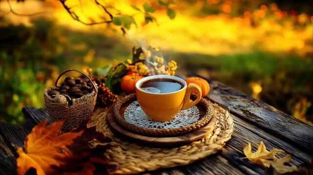 Autumn outdoor setting with a steaming cup of coffee and pumpkins on wooden table. Seamless looping 4k time-lapse video background.