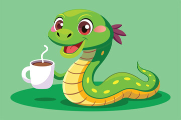 Fototapeta premium A cheerful cartoon snake happily sips coffee from a cup, exuding joy in a vibrant green environment, Cute cartoon snake with a cup of coffee.