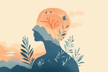 A calming illustration of mental health, featuring a silhouette with nature elements symbolizing brain and emotional wellness, set in soothing colors.