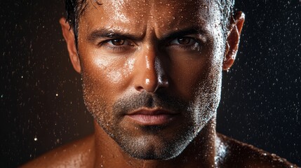 Serene Portrait of Mature Man with Hydrated Glow and Water Droplets under Dramatic Lighting