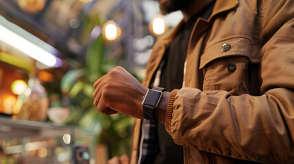 Using a smartwatch for contactless payment while shopping in a vibrant market during the day