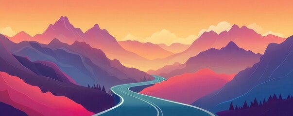 Majestic mountain range with a winding road, playful triadic color scheme, flat vector style, vibrant animated landscape, Mountain range sweeping road