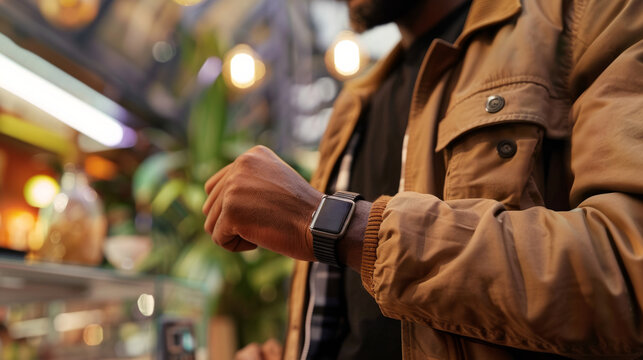 Using a smartwatch for contactless payment while shopping in a vibrant market during the day - Powered by Adobe