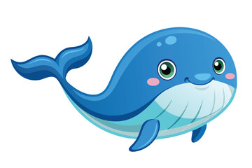 Obraz premium A friendly cartoon whale with a smile and bright colors glides through the ocean waves happily, Cute cartoon whale. Vector illustration. Isolated on white background.