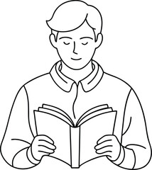 Young man reading book line art vector illustration on black and white. 