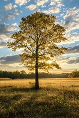 Fototapeta premium Single Tree in Field with Sunset Sky