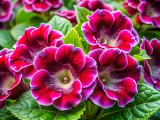 Naklejka premium Vibrant gloxinia flowers unfold in delicate bell shapes, revealing soft, sumptuous textures and a kaleidoscope of