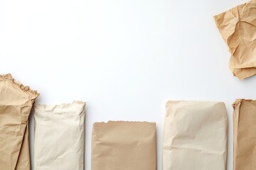 Row of various crumpled paper bags on white
