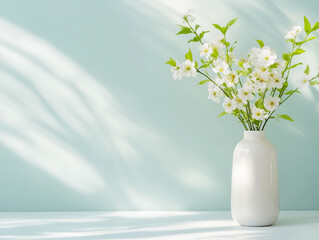 Stylish vase with gentle blooming branch in cozy room