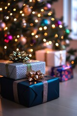 Beautifully wrapped gifts are stacked near a Christmas tree adorned with colorful lights, creating a festive and joyful atmosphere.