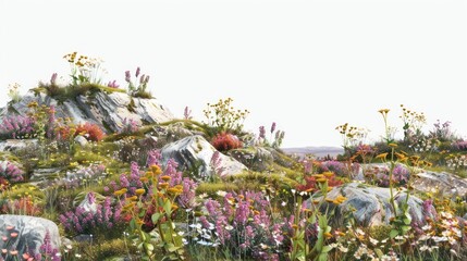 Vibrant floral rocky landscape wallpaper