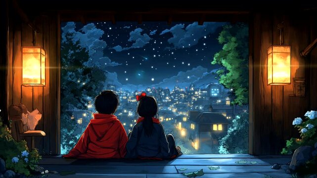 Two children sitting at night looking at starry sky and city lights. Seamless looping 4k time-lapse video background.