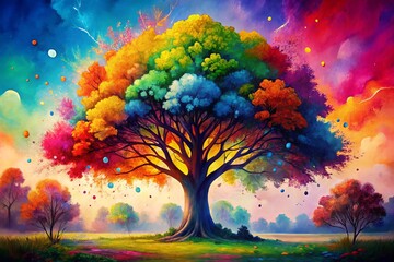 Vibrant Watercolor Tree of Life Art Depicting Nature, Growth, and Harmony in Bright Colors