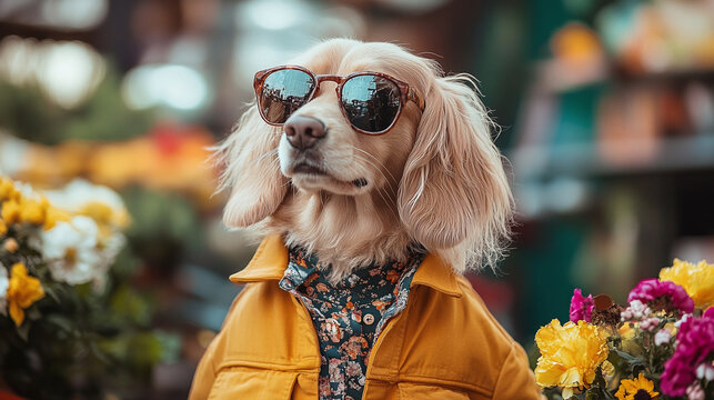 Canine Allergic to Flowers in Casual Attire Blames Technology. Concept: Pet health, allergies, fashion, technology, humor