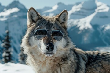 portrait wolf in sunglasses against on snow capped mountains background on a sunny day © Margarita Vais 