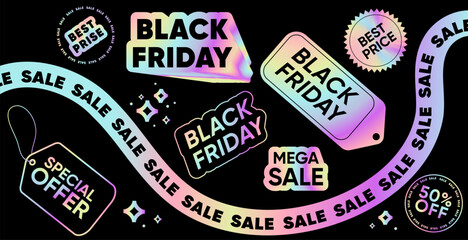 Black Friday sale discount stickers labels price tags holographic elements set. Product discount festival design elements Black Friday. Holographic design for Special discount offer design.Vector
